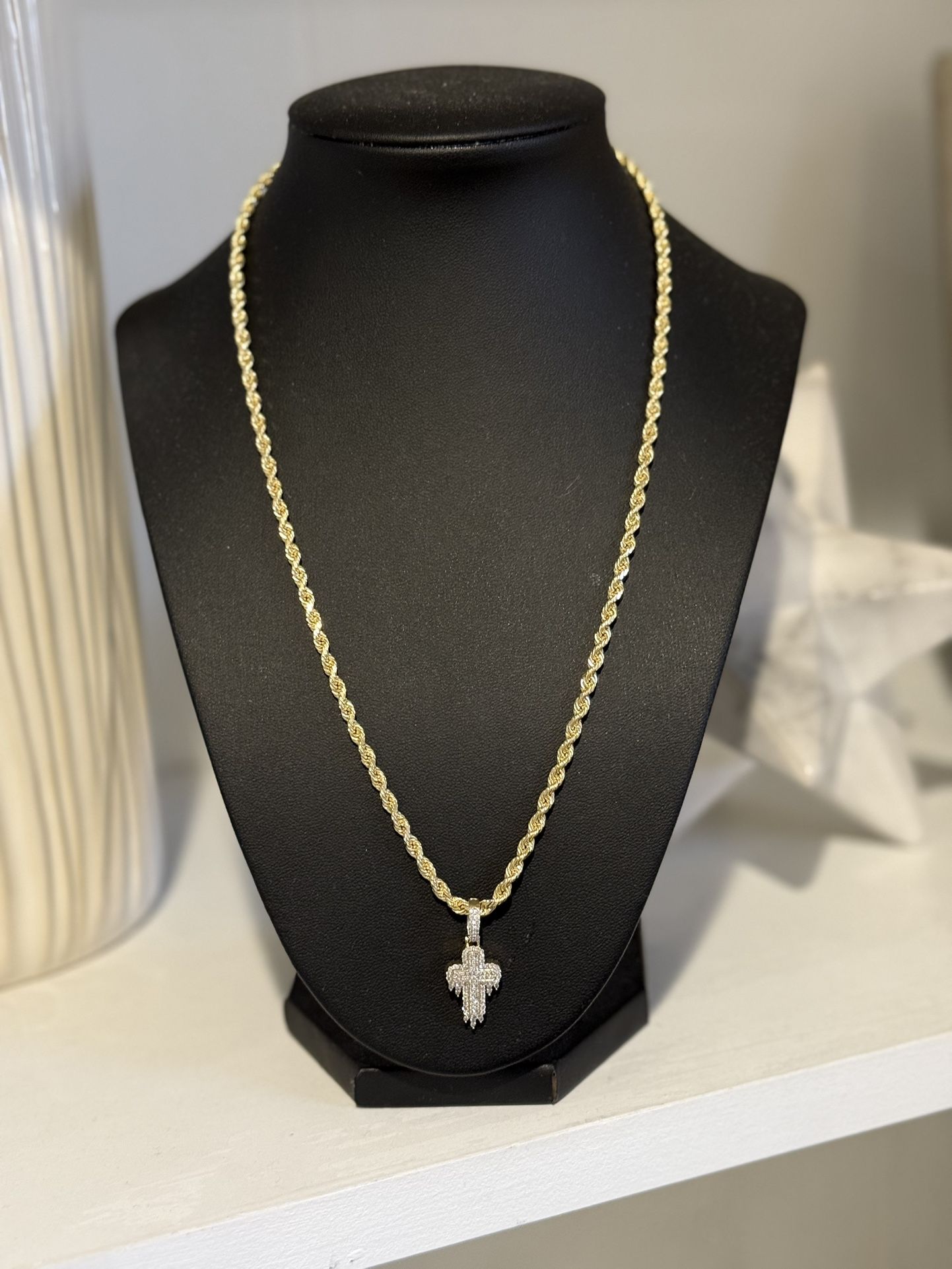 Diamond Cross 14k Yellow Gold Rope Chain Necklace