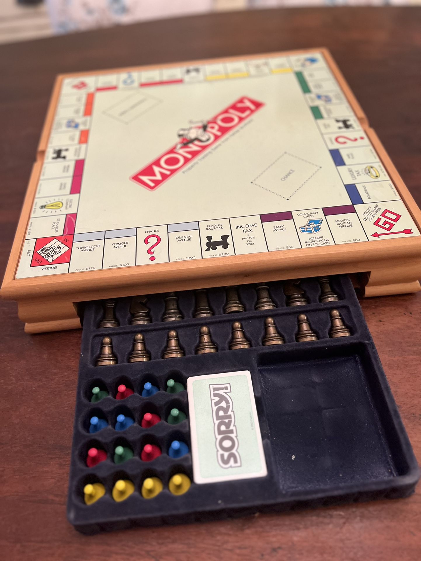 Vintage classic wooden multi game set/ classic Hasbro games (missing the wooden drawer/cribbage, domino’s & deck of cards)