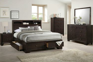 Brand new merlot finished storage platform queen frame + dresser + mirror + nightstand bedroom set