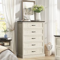 215 Farmhouse 5 Drawers Dresser for Bedroom, 44" Tall White Dresser Wood Rustic Chest of Drawers with Wide Metal Handle,Natural Texture,Drawer Organiz