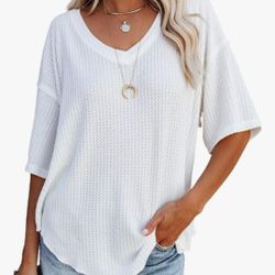 Dokotoo Women's Causual V eck Short Sleeve Shirts Waffle Knit Loose Tunic Tops Blouses