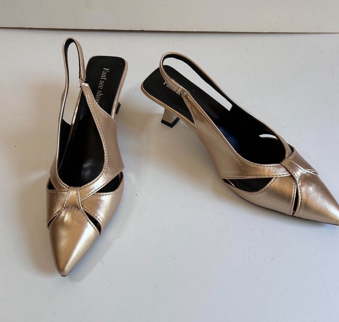 Fancy women Evening Shoes low heels slingback Gold leather 9 M (40) heels are 2”.75