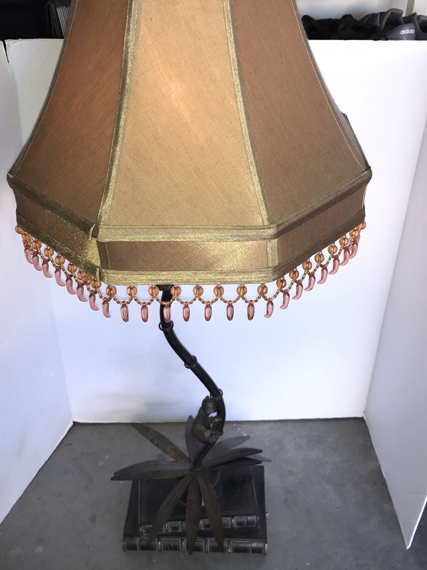 VINTAGE MONKEY TABLE LAMP WITH BOOKS BASE AND MONKEY FINIAL (SHADE INCLUDED)