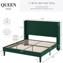 Queen Size Bed Frame/Velvet Upholstered Platform Bed/Vertical Channel Tufted Wingback Headboard/Strong Wooden Slats/No Box Spring Needed/Easy Assembly