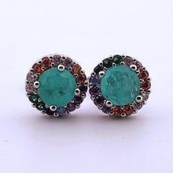 Round Paraiba Tourmaline & Topaz Silver Earrings