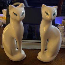 Pair of Vintage White Cat with Green Eyes 