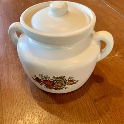 McCoy 341 White W/Vegetables Bean Pot Soup Pottery With Lid 5 1/2”
