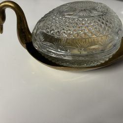 Brass Swan With Tiara Exclusive Crystal Glass Candy/trinket Dish