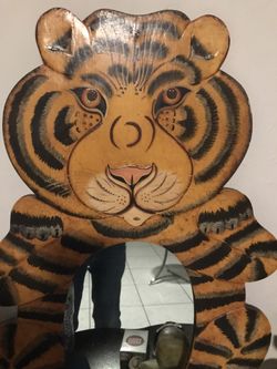 Hand Carved Art Tiger Wooden Mirror