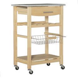 Linon Mila Natural Granite Topped Kitchen Island with Storage Basket and Casters 