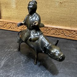 Chinese Antique Cast Bronze Censer of Scholar Seated on a Bull Mid Qing Dynasty