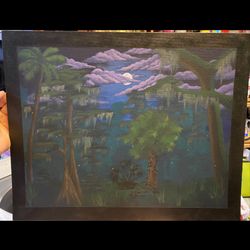 Original Painting, Artwork, Acrylic On Canvas Panel, Night Florida Nature Scene