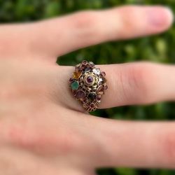 Jewelry Vintage ArtDeco 10k solid yellow gold multicoloured stones ruby emerald moonstone red garnet 1.8CTW crown ring sz 6.00