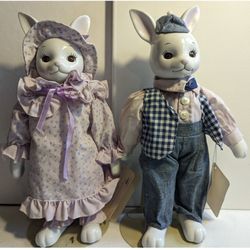 Two Country-Kins Porcelain Dolls by Russ-Barton & Belida Bunny with Stands and tags