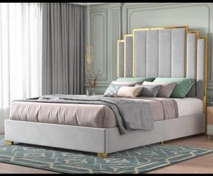 Modern Art Deco Queen Bed Frame - Gray Velvet & Gold (Price Dropped!)