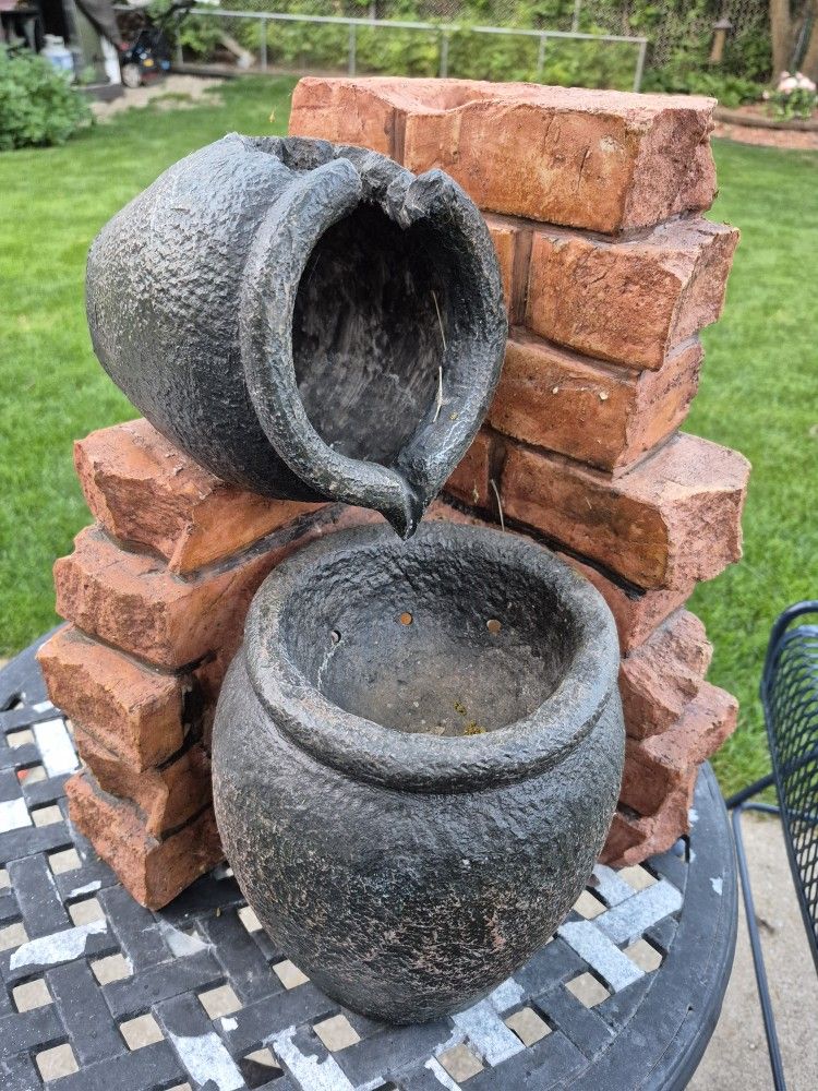 Garden Decor, H 16", W 16", It Used To Be A Water Fountain, No Cracked Or Chipped, Only The Top Jar Is Missing, Selling As Garden Decor, Solid Resin