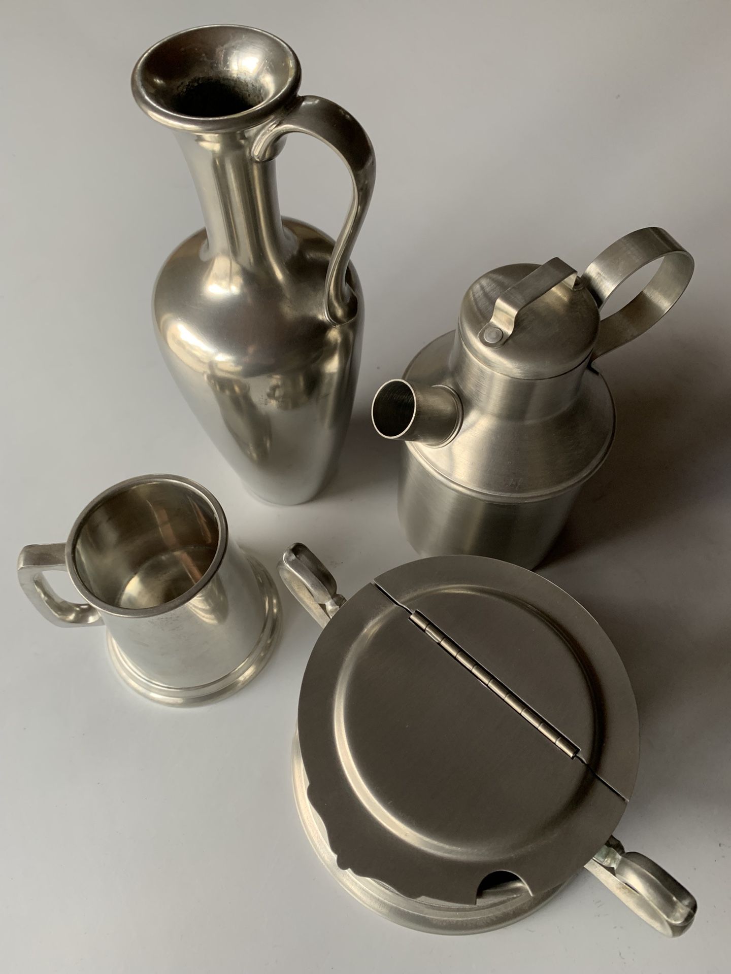 Antique Pewter Sugar Bowl, Stein, Pitcher and Vase