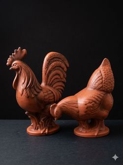 Terracotta Rooster and Hen Royal Figurine Set