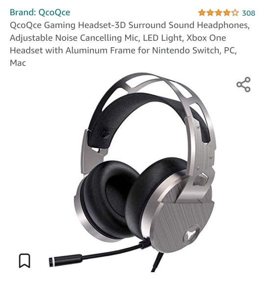 QcoQce Gaming Headset-3D Surround Sound Headphones, Adjustable Noise Cancelling Mic, LED Light, Xbox One Headset with Aluminum Frame for Nintendo Swit