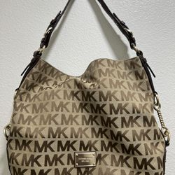 Michael Kors MK Logo Jacquard Shoulder Bag – Brown/Tan – Good Condition