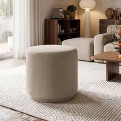 Round Swivel Ottoman – Khaki Textured Fabric, 360-Degree Swivel, 18.5 in (Like New)