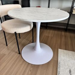 Round Dining Table Marble Like Top + 2 Boucle Chairs