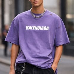 Balenciaga Destroyed Boxy Logo T-shirt Purple Oversized Unisex Small
