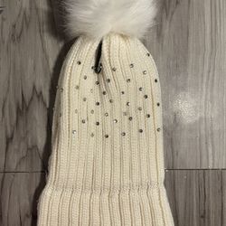 Rhinestone White Winter Pompom Hat 