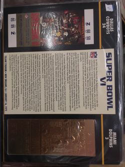 OFFICIAL NFL 22K GOLD SUPER BOWL VI TICKET