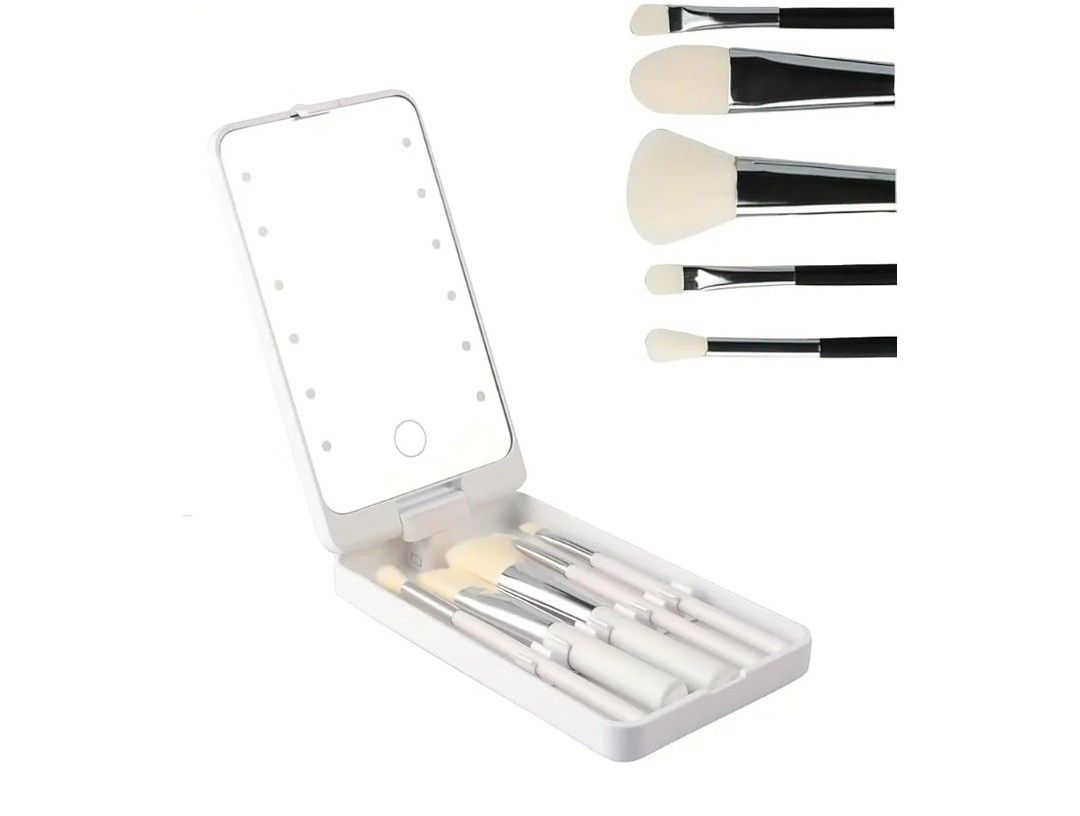 Portable Makeup Mirror With 5 Makeup Brushes Travel Case Storage Box LED Rechargeable Makeup Mirror (White)