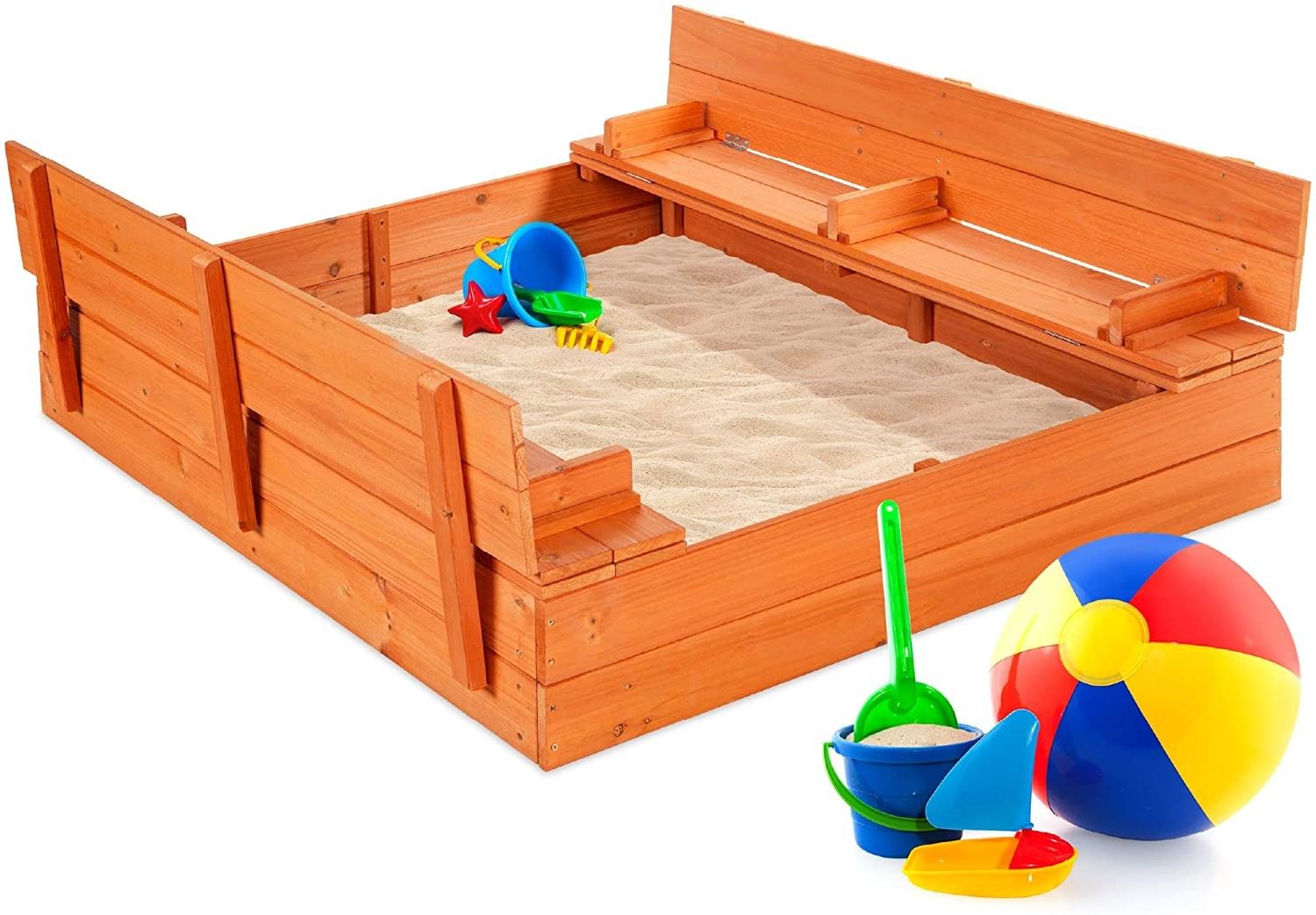 Wooden Sandbox for Kids with 2 Foldable Bench Seats, Sand Protection, Brown