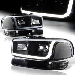 For 1999-2006 GMC Sierra 1500 2500 DRL LED Black Clear Headlights+Bumper 4PCS -(4-HL-SIER99-DRL-BK-CL