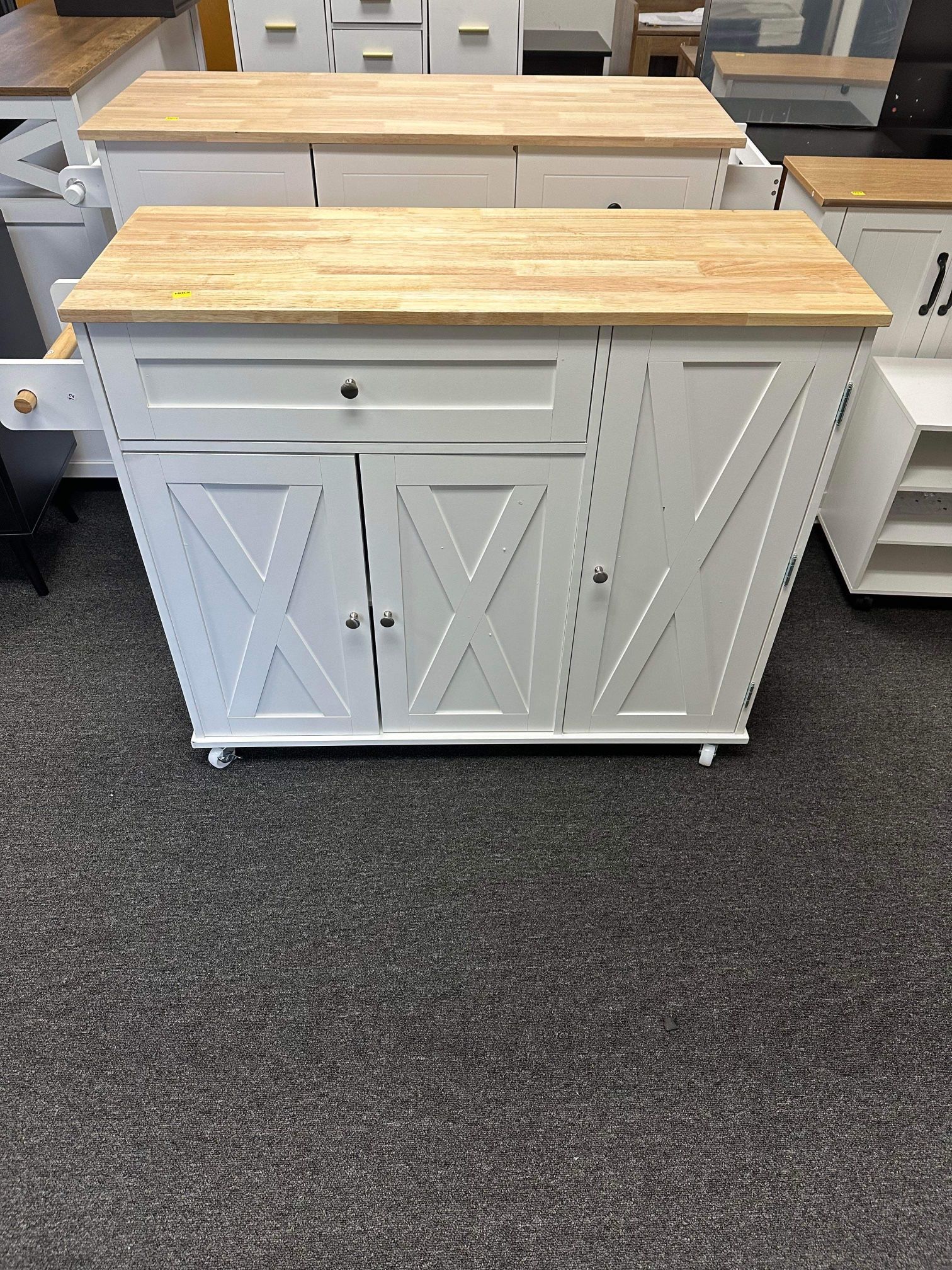 Kitchen Island with Storage, Island Table on Wheels with Drop Leaf, Spice Rack, Drawer, Towel Rack, Rolling Kitchen Island Cart for Dinning Room, Whit