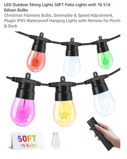 LED Christmas Outdoor String Lights 50FT Patio Lights with 16 S14 Edison Bulbs Christmas Filament Bulbs, Dimmable & Speed Adjustment, Plugin IP65 Wate