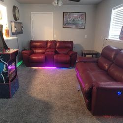 Beautiful Real Leather Electric Red Couch & Loveseat With 4 Recliners, USB Ports, & LED's 