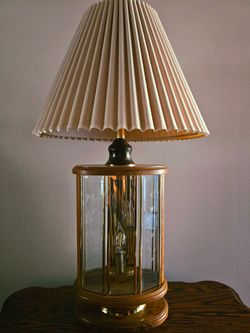 Vintage Don Ward Etched Amber Glass Panel Wood & Brass 3-Way Table Lamp