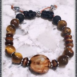 Tigers Eye And Agate Sea Turtle Sliding Knot Bracelet Handmade 