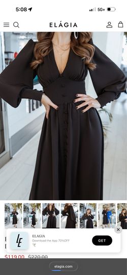 ELÁGIA Black Long Sleeve V-Neck Midi Dress