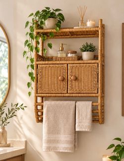 Rattan Wall-Mounted Cabinet with Shelves and Towel Bar