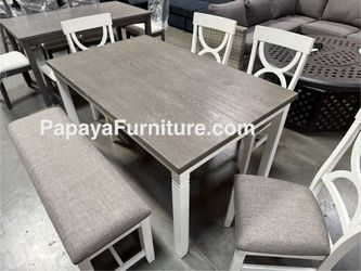 NEW 6 PIECE Dining Set Table 4 Chair 1 Bench White / Grey Wood Finish Contemporary Cottage Country Ashley Style Upholstered Fabric Seat Cushion SALE