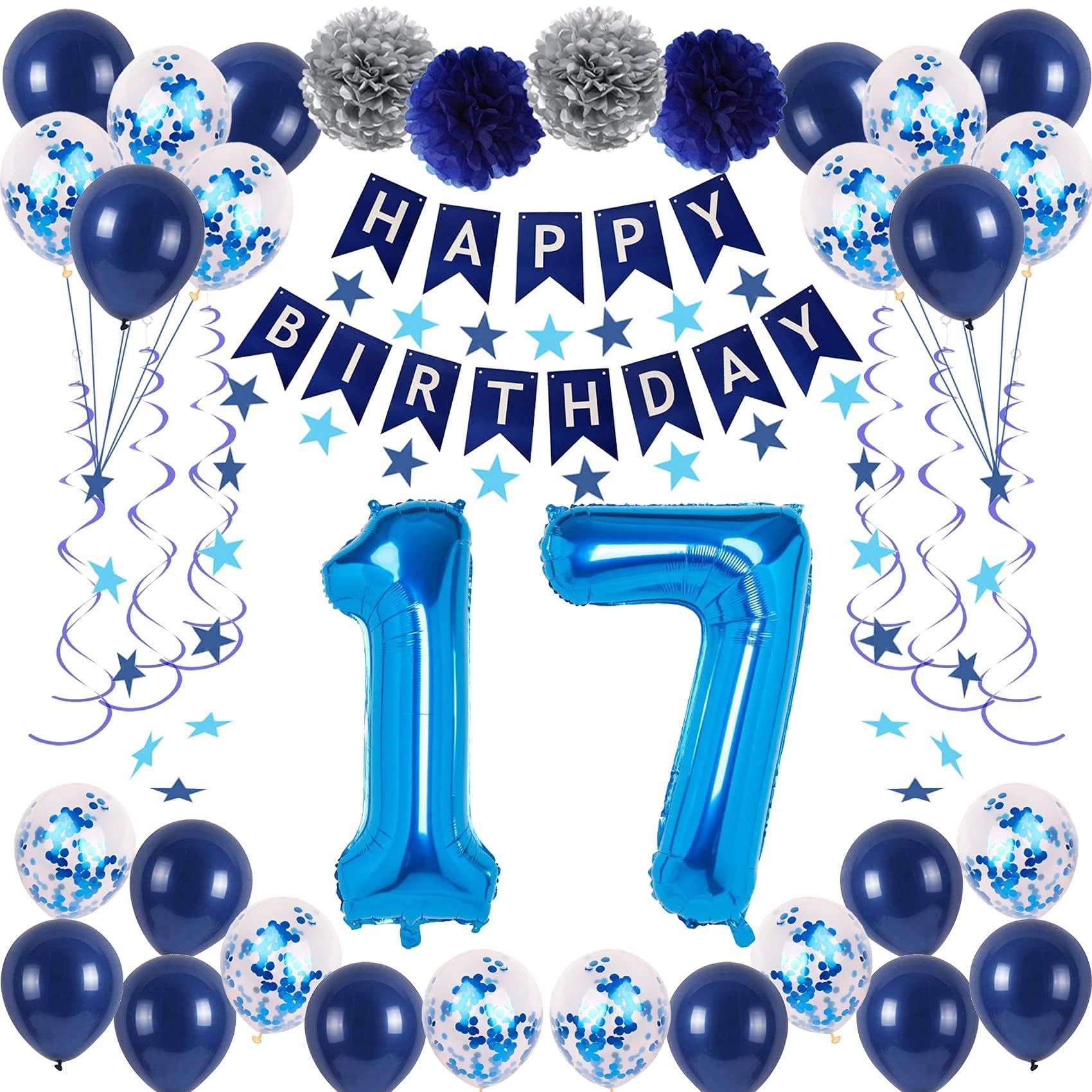 NANINUNENO 17th Blue Birthday Party Decorations For Boys Girls, Happy 17 Birthday Balloons Supplies With Happy Birthday Banner, 17 Number Balloons, Bl