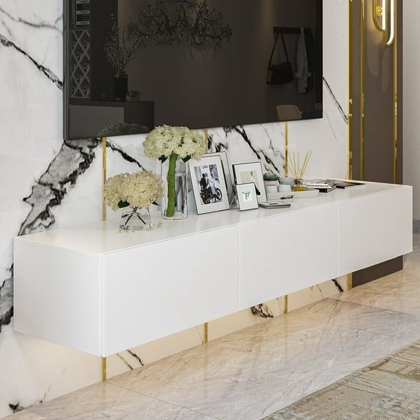 NEW - Floating TV Stand with Led Lights, 63 Inch Wall Mounted TV Stand with 3 Drawers, Entertainment Center Media Console for Living Room, White