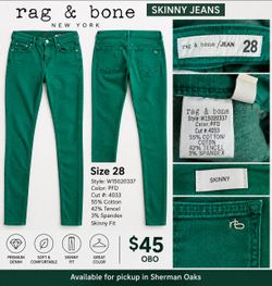 Rag & Bone / JEAN Skinny Jeans – Size 28 – Emerald Green – $45 OBO