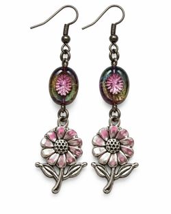 Pink Silver Flower Dangle Earrings