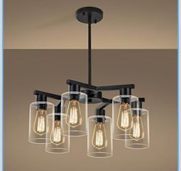 6-Light Modern Farmhouse Black Chandelier, Dining Room Light Fixture Over Table Adjustable Height Hanging Industrial Pendant Lights Kitchen Island, Cl