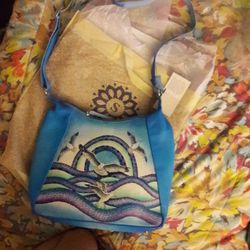 SUKRITI Blue Sea Gulls Hand Painted 100% leather Hobo Tote Bag