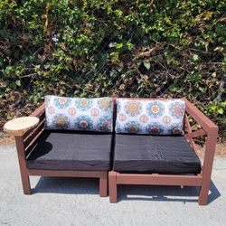 Patio 2 Piece Wood Couch with New Cushions and Drink Table