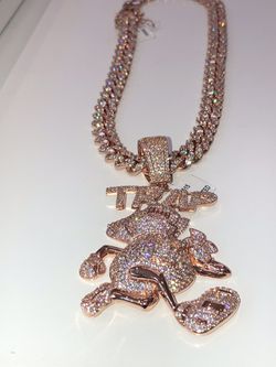 Men's Iced Out Created Diamond Rose Gold 14k Gold Finish TRAP Pendant with Fully iced Out CUBAN Chain