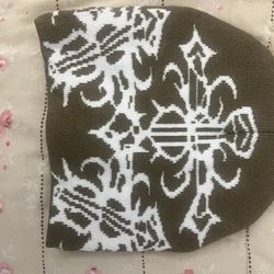 Vintage  Y2K White & Brown Jacquard Cross Pattern Beanie