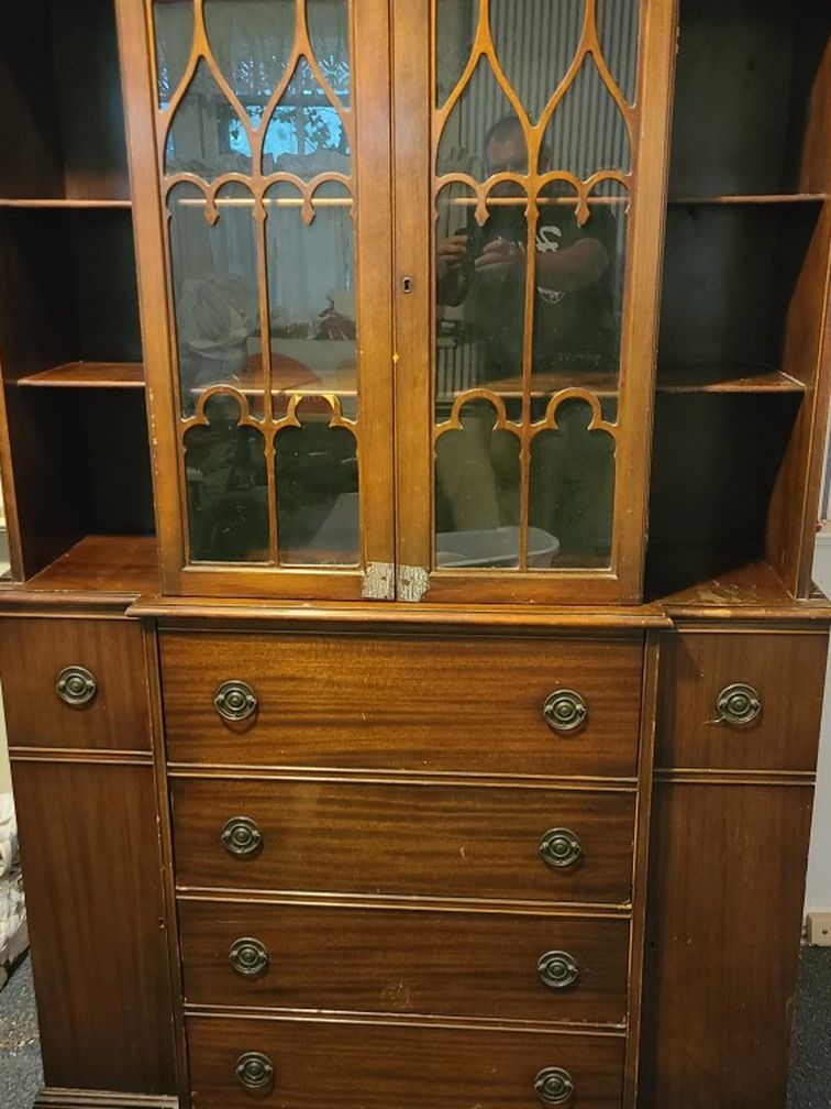 Vintage Office Hutch Cabinet With Fold Out Desk
